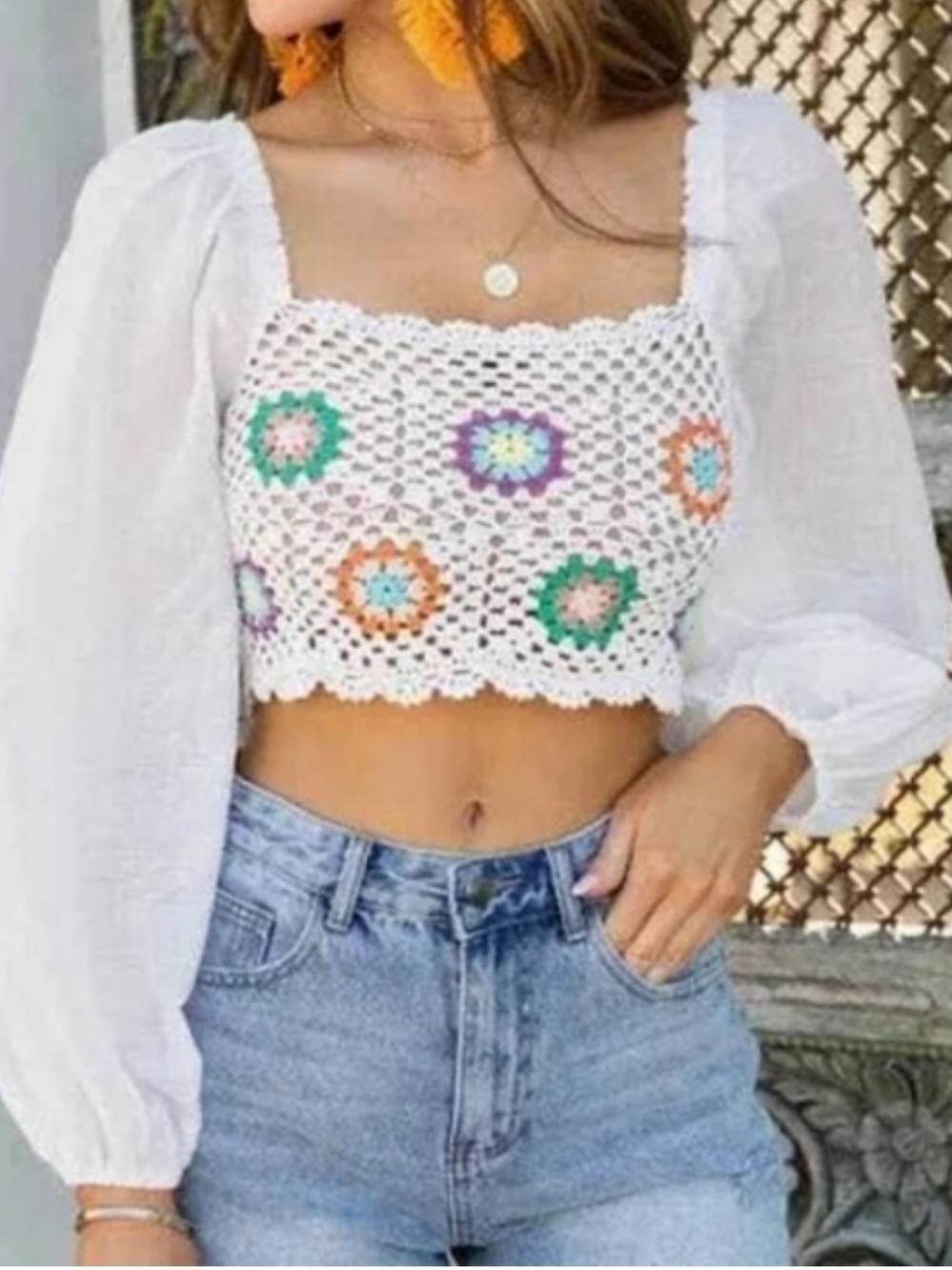 Aerie Crochet Granny Square Puff Sleeve Crop Top Floral Boho Size XSmall